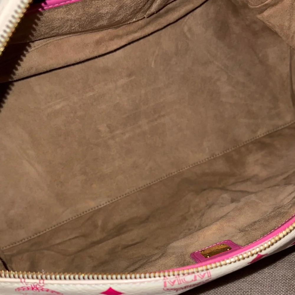 MCM White Satchel with Pink Handles and Multicolor Stripe